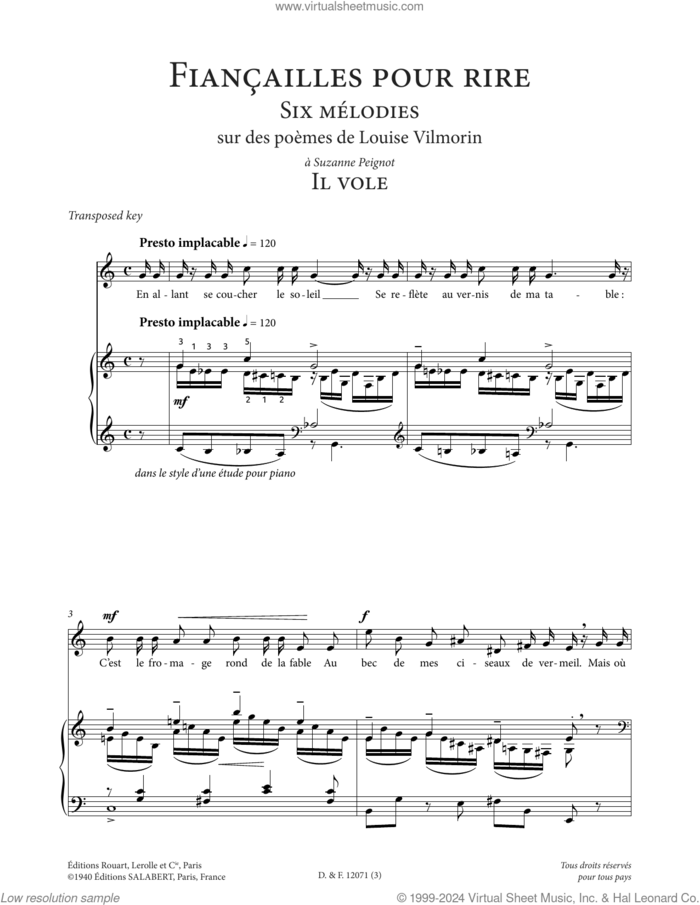 Il vole (Low Voice) sheet music for voice and piano (Low Voice) by Francis Poulenc and Louise de Vilmorin, classical score, intermediate skill level