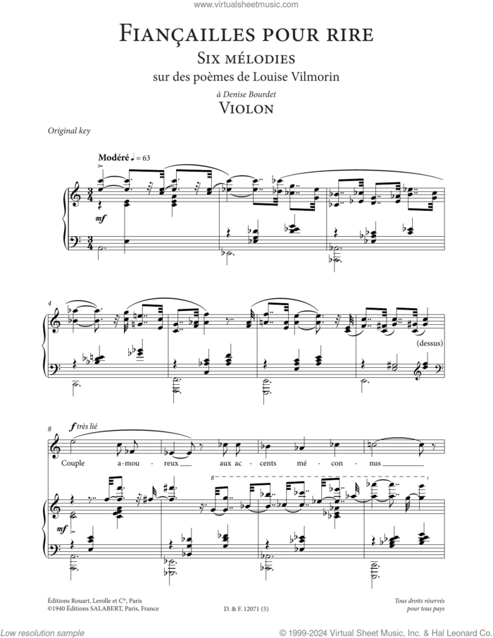 Violon (High Voice) sheet music for voice and piano (High Voice) by Francis Poulenc and Louise de Vilmorin, classical score, intermediate skill level