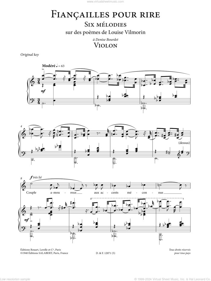 Violon (High Voice) sheet music for voice and piano (High Voice) by Francis Poulenc and Louise de Vilmorin, classical score, intermediate skill level