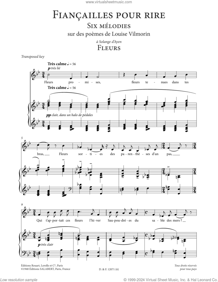 Fleurs (Low Voice) sheet music for voice and piano (Low Voice) by Francis Poulenc and Louise de Vilmorin, classical score, intermediate skill level