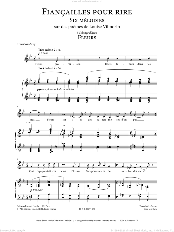 Fleurs (Low Voice) sheet music for voice and piano (Low Voice) by Francis Poulenc and Louise de Vilmorin, classical score, intermediate skill level