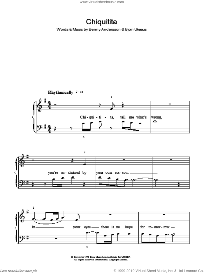 Chiquitita sheet music for piano solo by ABBA and Benny Andersson, easy skill level