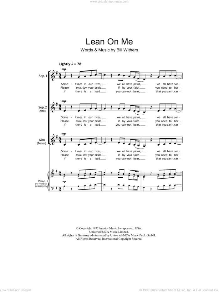 Lean On Me (arr. Barrie Carson Turner) sheet music for choir (SSA: soprano, alto) by Bill Withers and Barrie Carson Turner, intermediate skill level