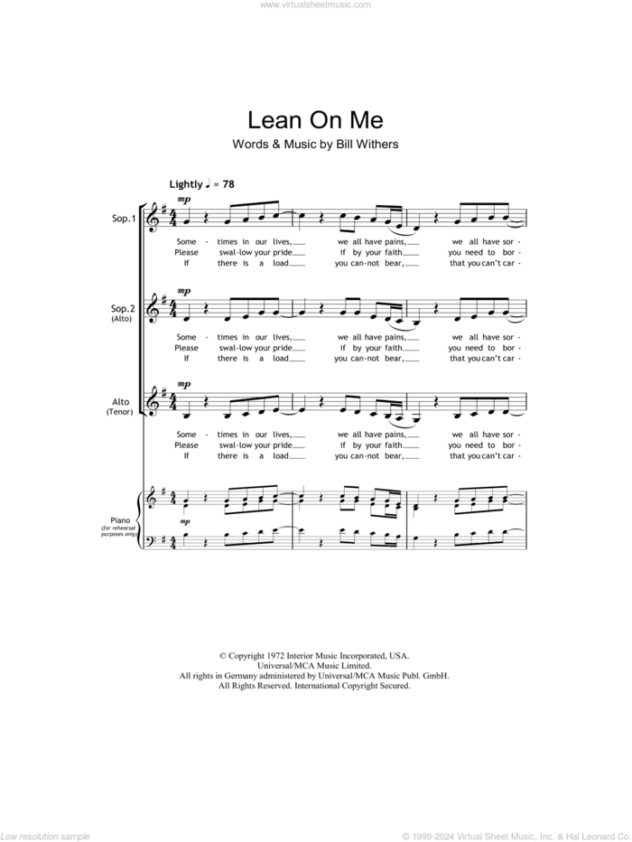 Lean On Me (arr. Barrie Carson Turner) sheet music for choir (SSA: soprano, alto) by Bill Withers and Barrie Carson Turner, intermediate skill level