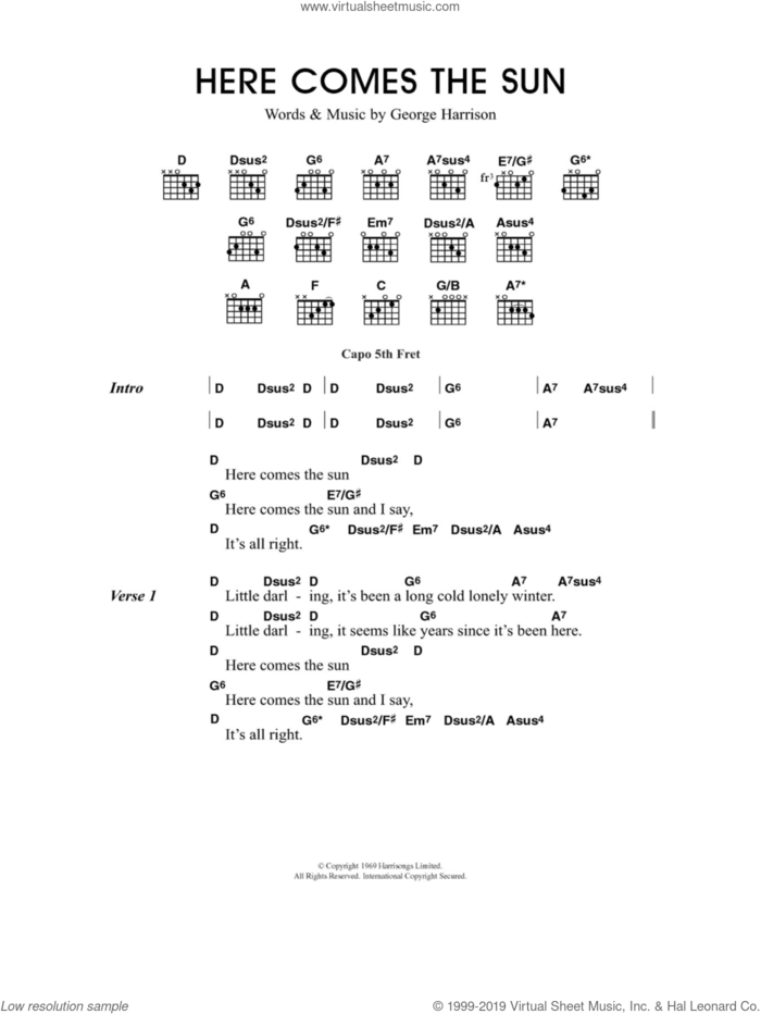 Here Comes The Sun sheet music for guitar (chords) by George Harrison and Merle Travis, intermediate skill level