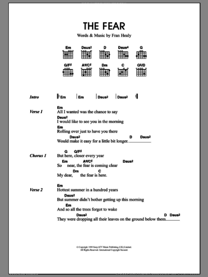 The Fear sheet music for guitar (chords) by Merle Travis and Fran Healy, intermediate skill level