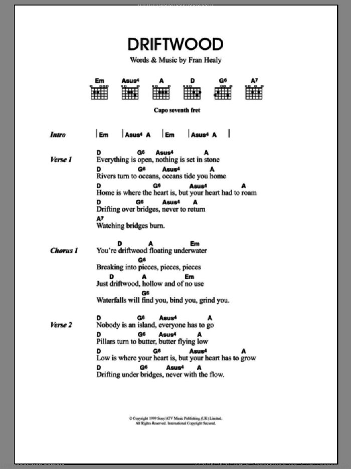 Driftwood sheet music for guitar (chords) by Merle Travis and Fran Healy, intermediate skill level