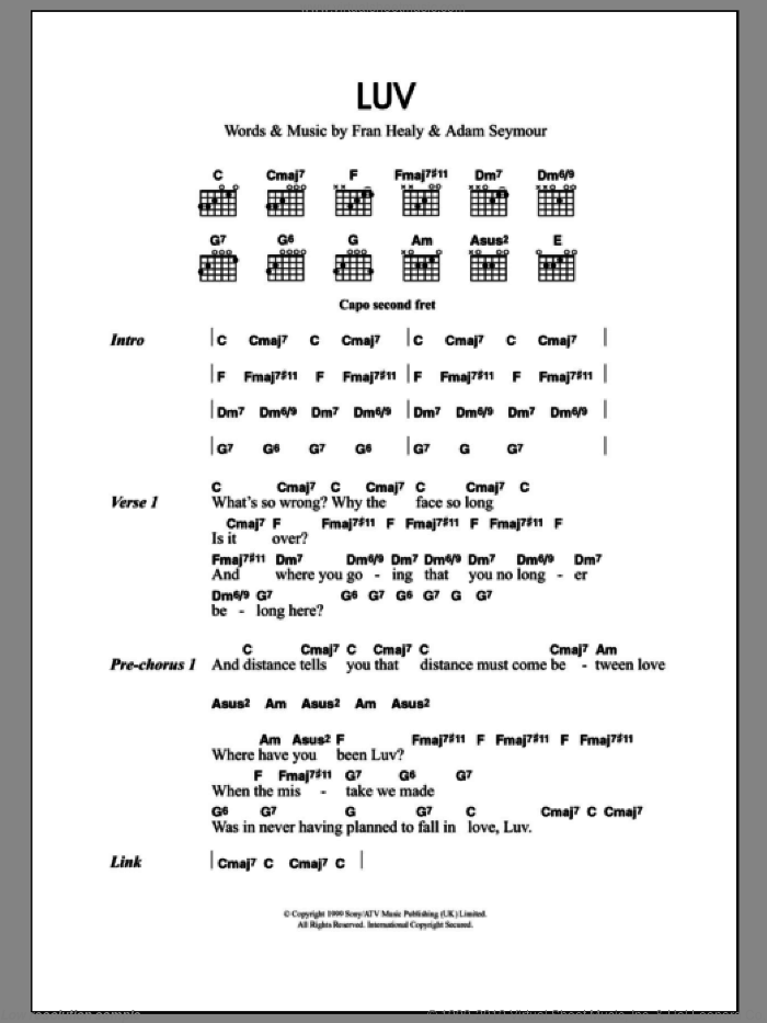 Luv sheet music for guitar (chords) by Merle Travis, Adam Seymour and Fran Healy, intermediate skill level