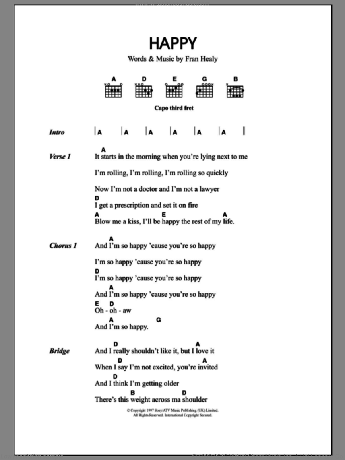 Happy sheet music for guitar (chords) by Merle Travis and Fran Healy, intermediate skill level
