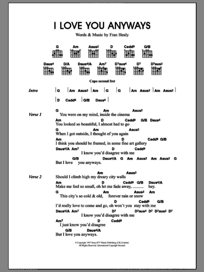 I Love You Anyways sheet music for guitar (chords) by Merle Travis and Fran Healy, intermediate skill level