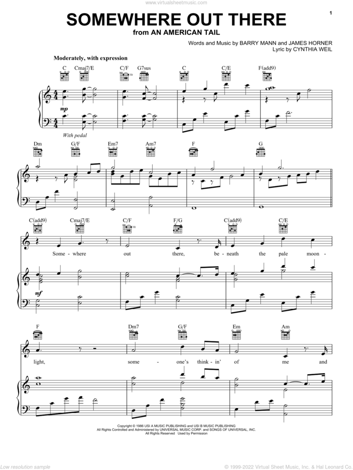 Somewhere Out There sheet music for voice, piano or guitar by Linda Ronstadt & James Ingram, James Ingram, Linda Ronstadt, Barry Mann, Cynthia Weil and James Horner, intermediate skill level