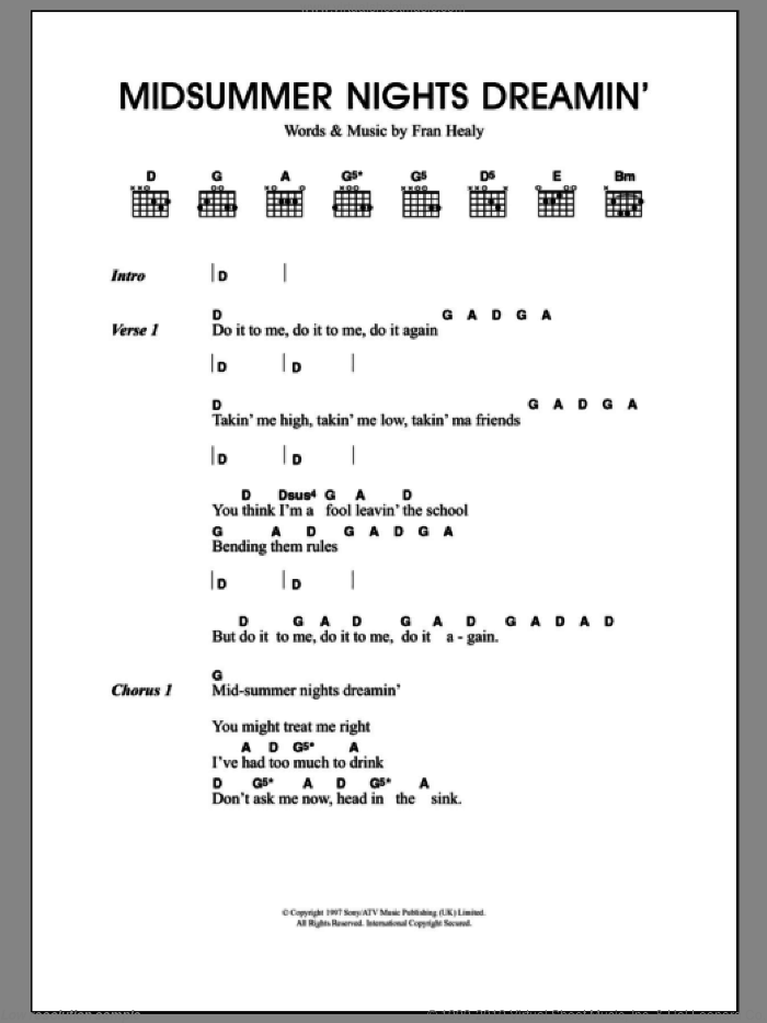 Midsummer Nights Dreamin' sheet music for guitar (chords) by Merle Travis and Fran Healy, intermediate skill level