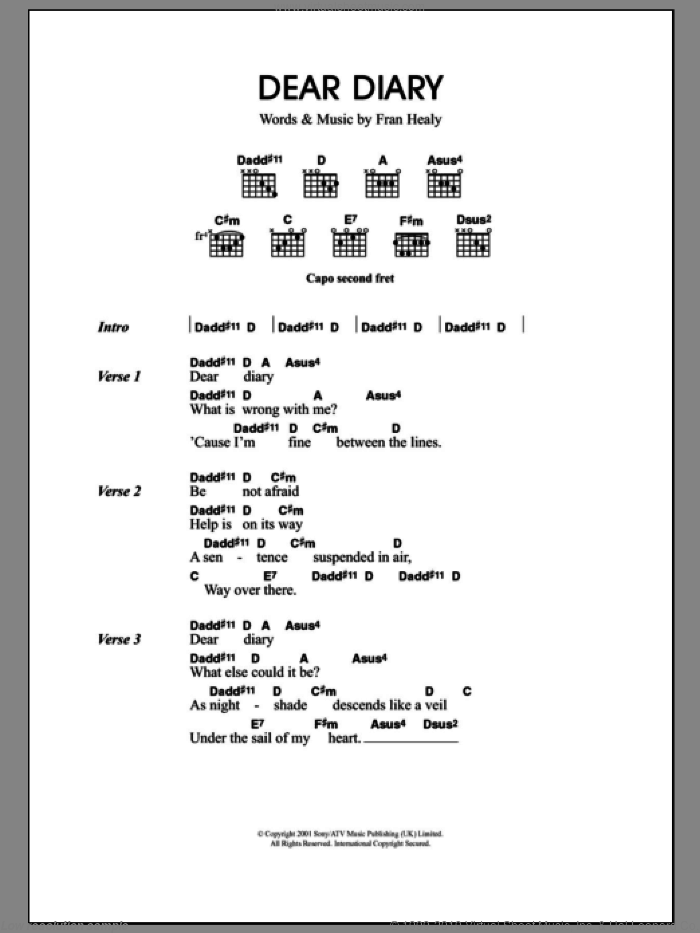 Dear Diary sheet music for guitar (chords) by Merle Travis and Fran Healy, intermediate skill level