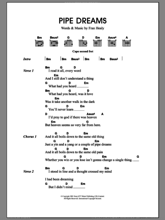 Pipe Dreams sheet music for guitar (chords) by Merle Travis and Fran Healy, intermediate skill level