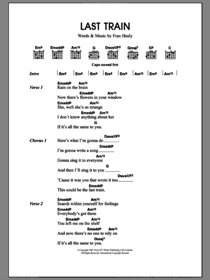Last Train sheet music for guitar (chords) by Merle Travis and Fran Healy, intermediate skill level