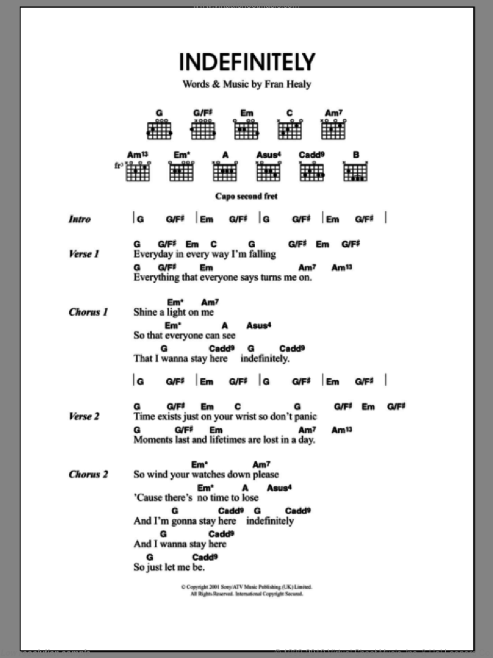 Indefinitely sheet music for guitar (chords) by Merle Travis and Fran Healy, intermediate skill level