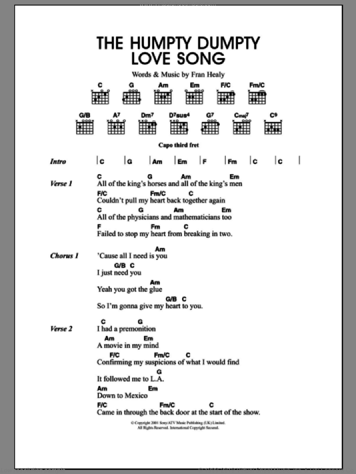 The Humpty Dumpty Love Song sheet music for guitar (chords) by Merle Travis and Fran Healy, intermediate skill level