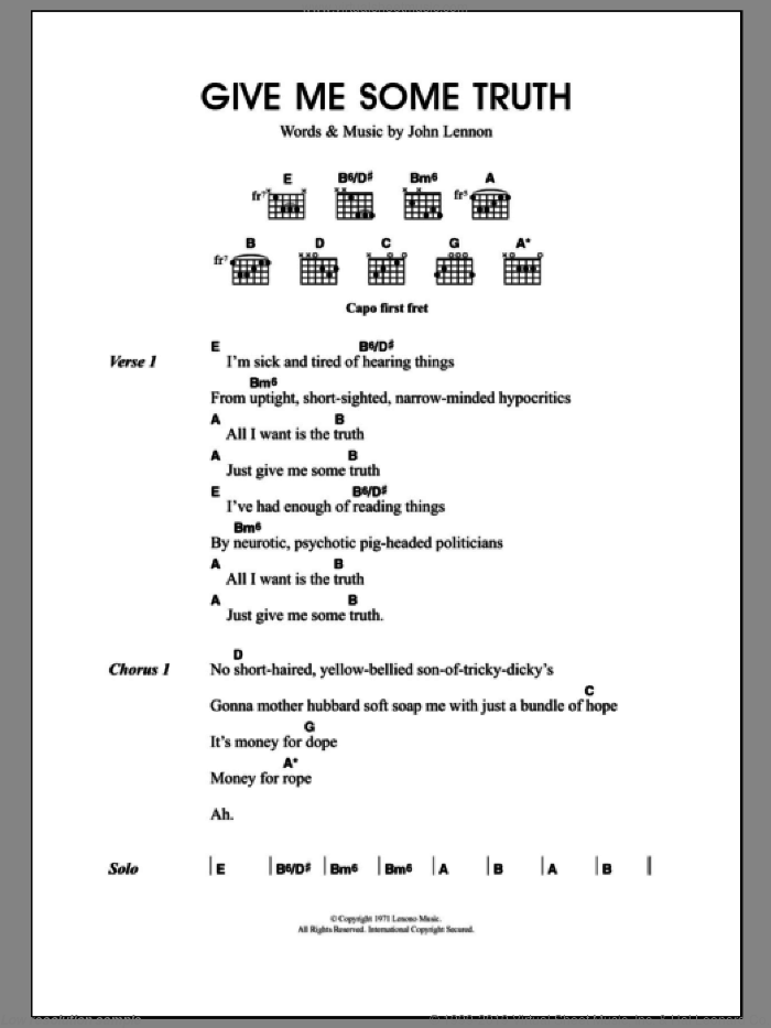 Gimme Some Truth sheet music for guitar (chords) by Merle Travis and John Lennon, intermediate skill level