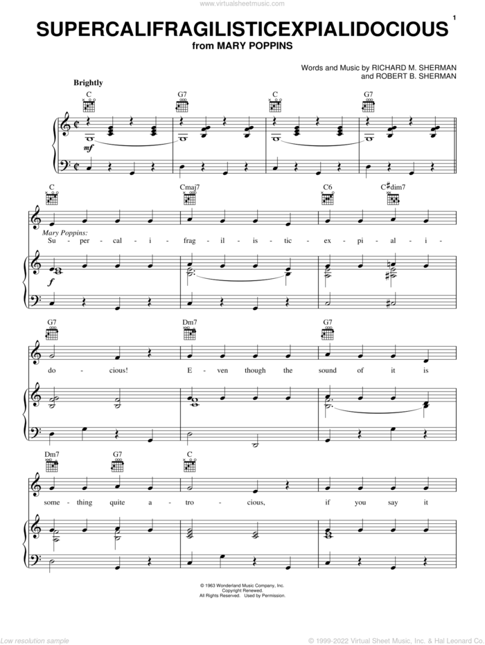 Supercalifragilisticexpialidocious (from Mary Poppins) sheet music for voice, piano or guitar by Julie Andrews, Mary Poppins (Movie), Sherman Brothers, Richard M. Sherman and Robert B. Sherman, intermediate skill level