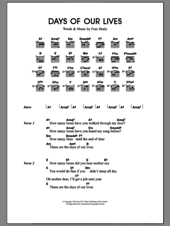 Days Of Our Lives sheet music for guitar (chords) by Merle Travis and Fran Healy, intermediate skill level