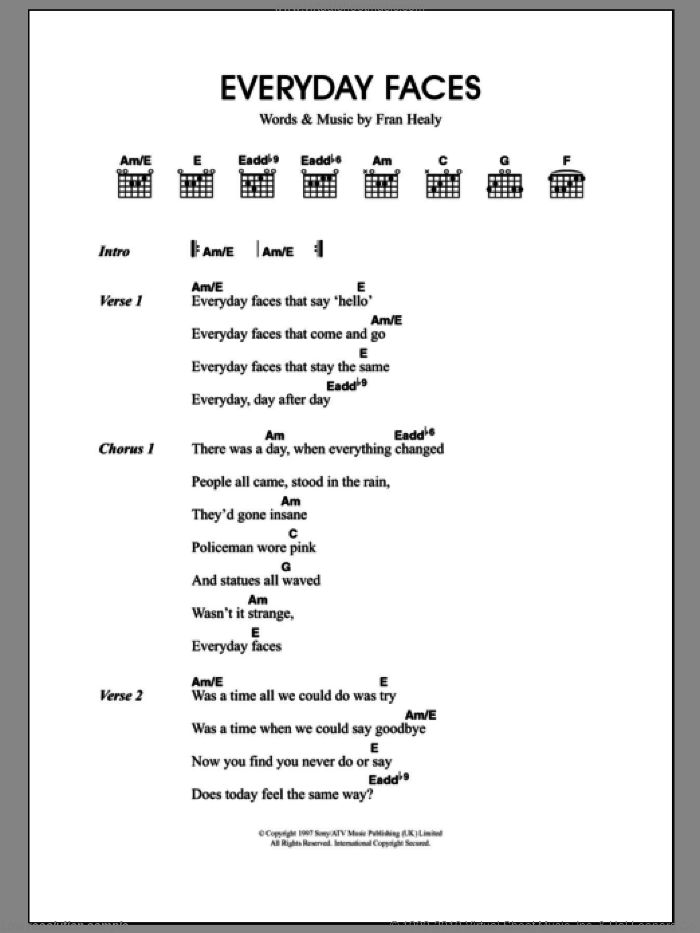 Everyday Faces sheet music for guitar (chords) by Merle Travis and Fran Healy, intermediate skill level
