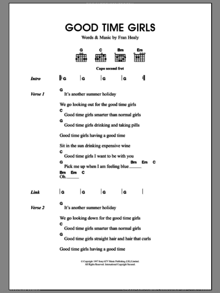 Good Time Girls sheet music for guitar (chords) by Merle Travis and Fran Healy, intermediate skill level