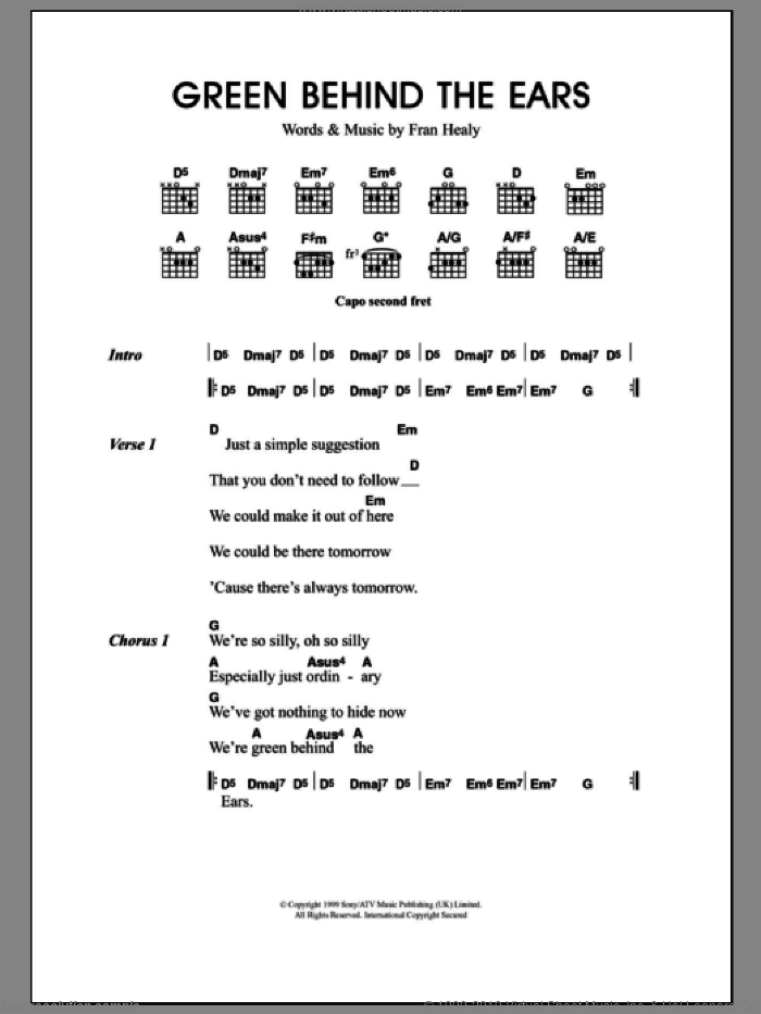 Green Behind The Ears sheet music for guitar (chords) by Merle Travis and Fran Healy, intermediate skill level