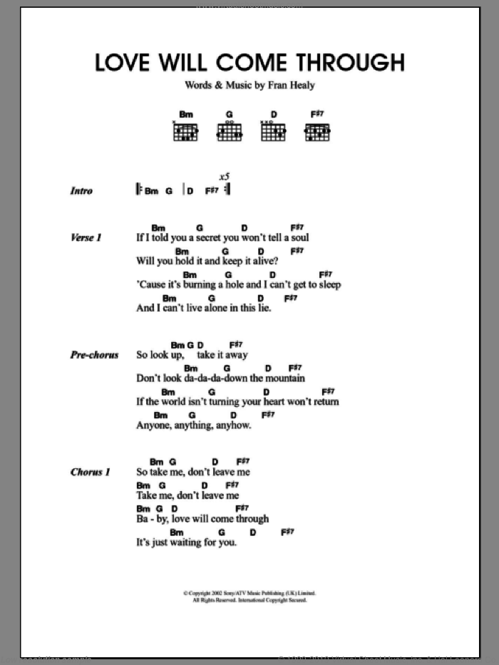 Love Will Come Through sheet music for guitar (chords) by Merle Travis and Fran Healy, intermediate skill level