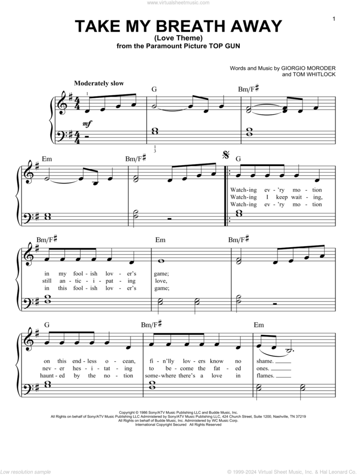 Take My Breath Away (Love Theme), (easy) sheet music for piano solo by Giorgio Moroder, Irving Berlin, Jessica Simpson and Tom Whitlock, easy skill level