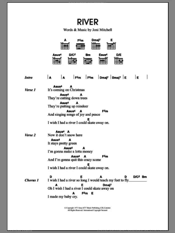 River sheet music for guitar (chords) by Joni Mitchell and Merle Travis, intermediate skill level