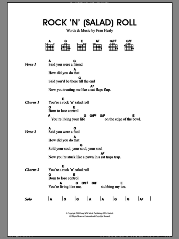 Rock 'n' (Salad) Roll sheet music for guitar (chords) by Merle Travis and Fran Healy, intermediate skill level