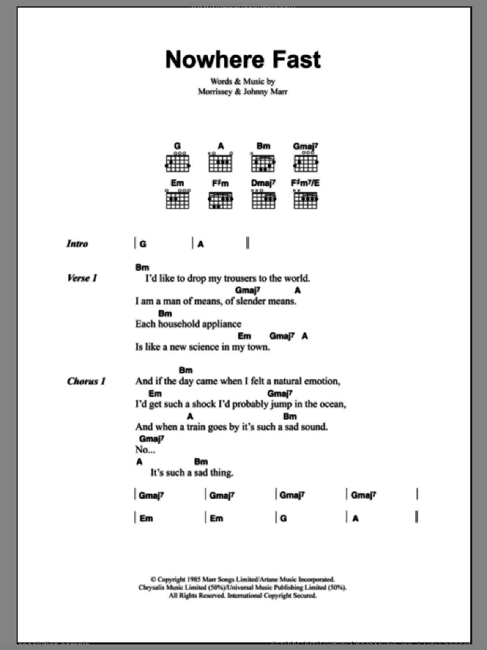Nowhere Fast sheet music for guitar (chords) by The Smiths, Johnny Marr and Steven Morrissey, intermediate skill level
