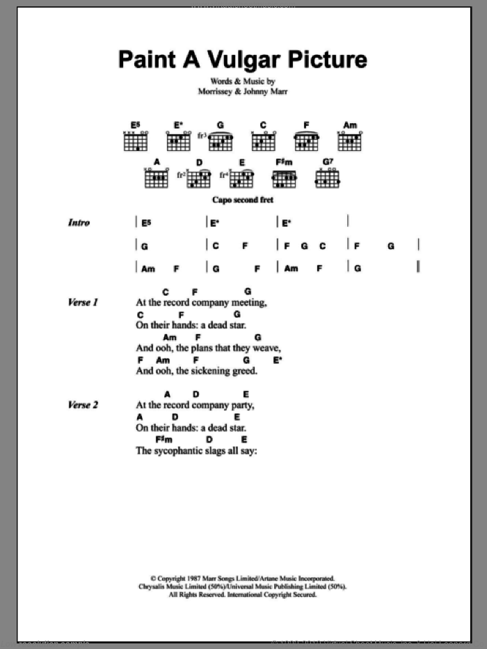 Paint A Vulgar Picture sheet music for guitar (chords) by The Smiths, Johnny Marr and Steven Morrissey, intermediate skill level