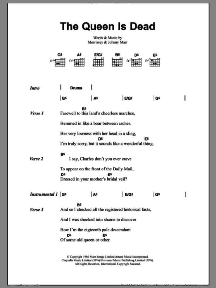 The Queen Is Dead sheet music for guitar (chords) by The Smiths, Johnny Marr and Steven Morrissey, intermediate skill level