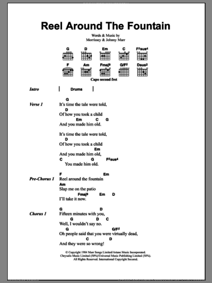 Reel Around The Fountain sheet music for guitar (chords) by The Smiths, Johnny Marr and Steven Morrissey, intermediate skill level