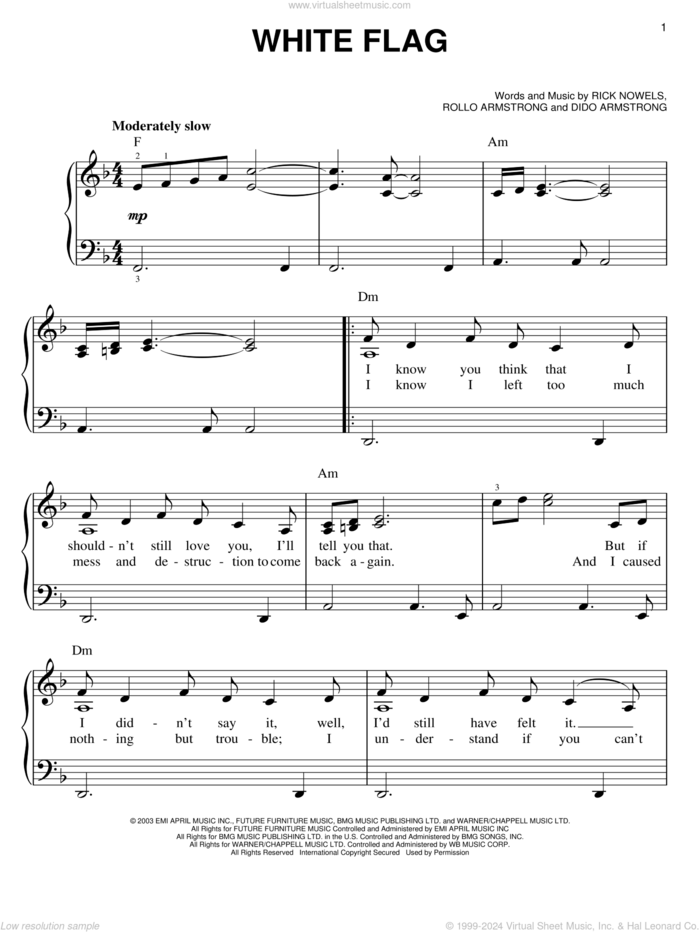 White Flag, (easy) sheet music for piano solo by Dido Armstrong, Rick Nowels and Rollo Armstrong, wedding score, easy skill level