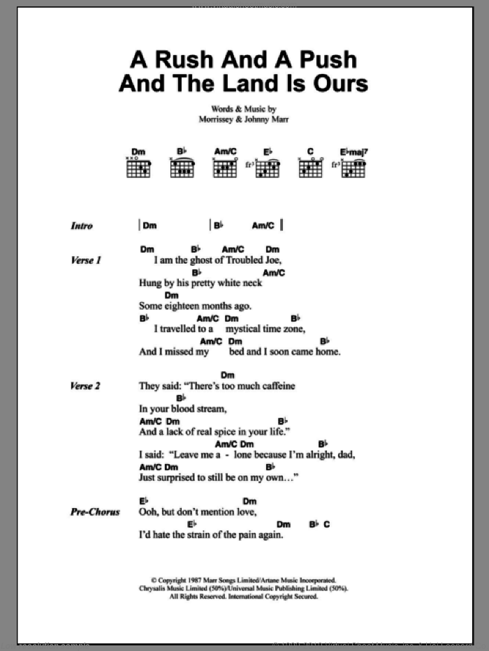 A Rush And A Push And The Land Is Ours sheet music for guitar (chords) by The Smiths, Johnny Marr and Steven Morrissey, intermediate skill level