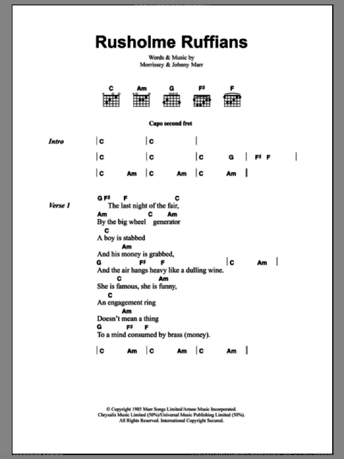 Rusholme Ruffians sheet music for guitar (chords) by The Smiths, Johnny Marr and Steven Morrissey, intermediate skill level