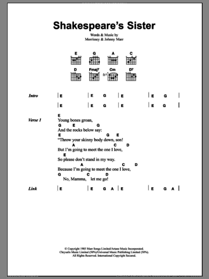 Shakespeare's Sister sheet music for guitar (chords) by The Smiths, Johnny Marr and Steven Morrissey, intermediate skill level