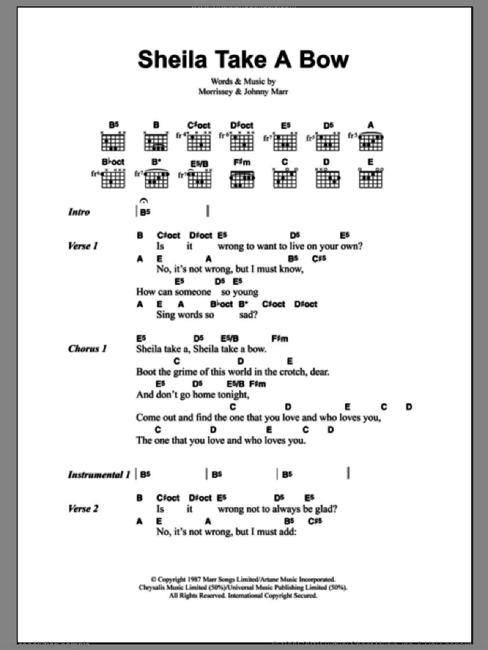 Sheila Take A Bow sheet music for guitar (chords) by The Smiths, Johnny Marr and Steven Morrissey, intermediate skill level