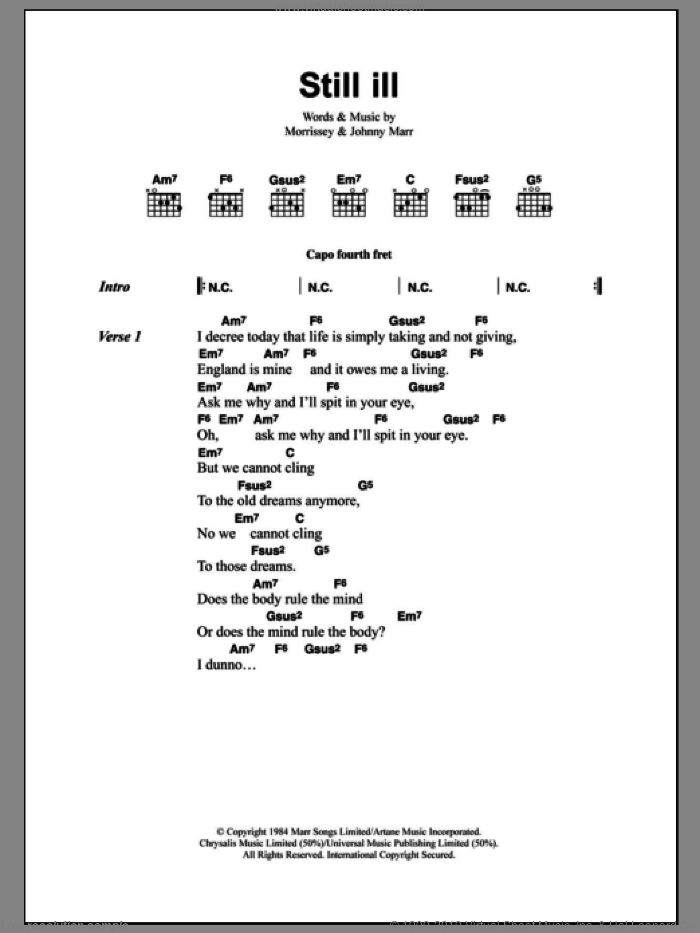 Still Ill sheet music for guitar (chords) by The Smiths, Johnny Marr and Steven Morrissey, intermediate skill level