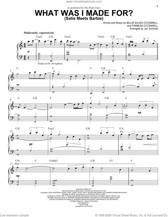 What Was I Made For? (Satie Meets Barbie) sheet music for piano solo by The Piano Guys, Jon Schmidt (arr.) and Erik Satie, intermediate skill level