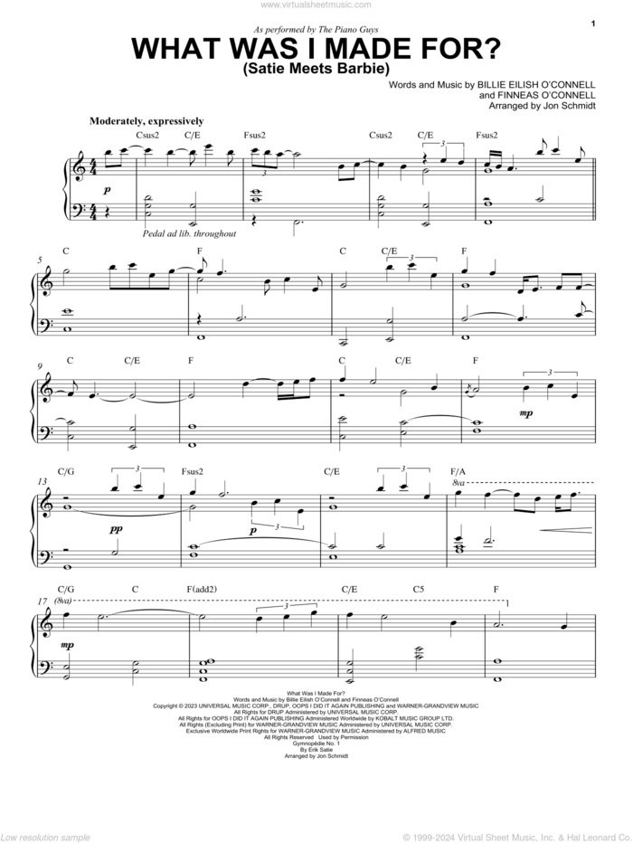 What Was I Made For? (Satie Meets Barbie) sheet music for piano solo by The Piano Guys, Jon Schmidt (arr.) and Erik Satie, intermediate skill level