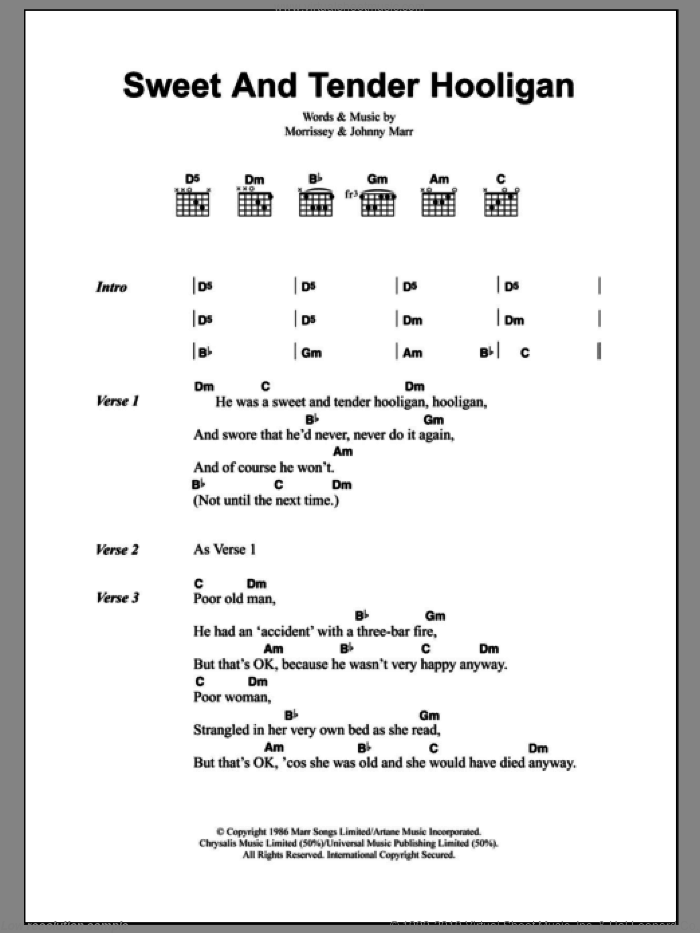 Sweet And Tender Hooligan sheet music for guitar (chords) by The Smiths, Johnny Marr and Steven Morrissey, intermediate skill level