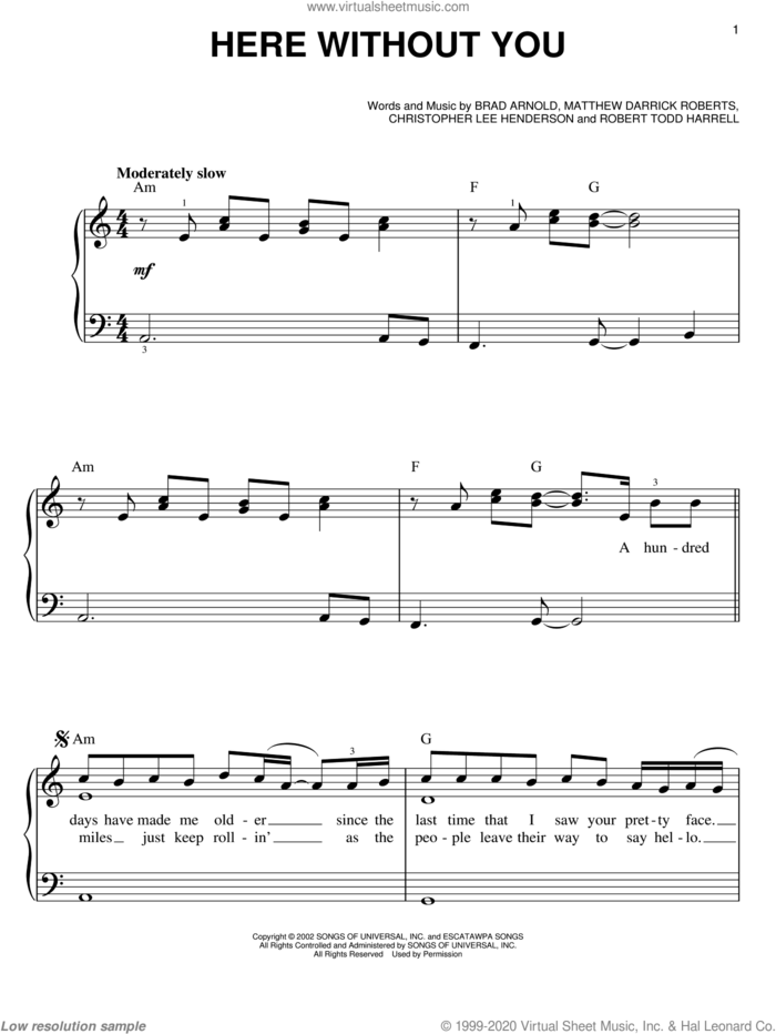 Here Without You sheet music for piano solo by 3 Doors Down, Brad Arnold, Christopher Henderson, Matt Roberts and Robert Harrell, easy skill level