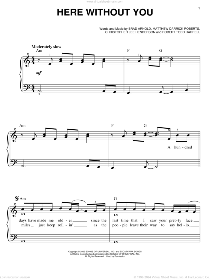 Here Without You sheet music for piano solo by 3 Doors Down, Brad Arnold, Christopher Henderson, Matt Roberts and Robert Harrell, easy skill level