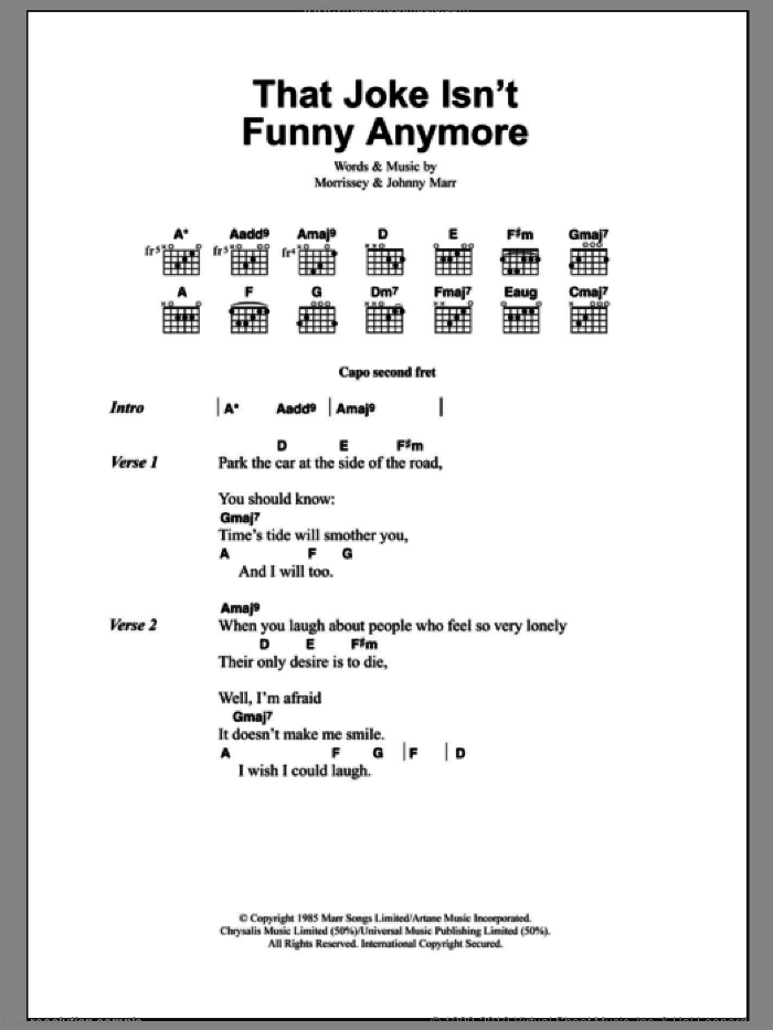 That Joke Isn't Funny Anymore sheet music for guitar (chords) by The Smiths, Johnny Marr and Steven Morrissey, intermediate skill level