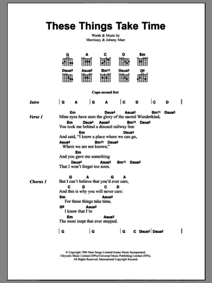 These Things Take Time sheet music for guitar (chords) by The Smiths, Johnny Marr and Steven Morrissey, intermediate skill level
