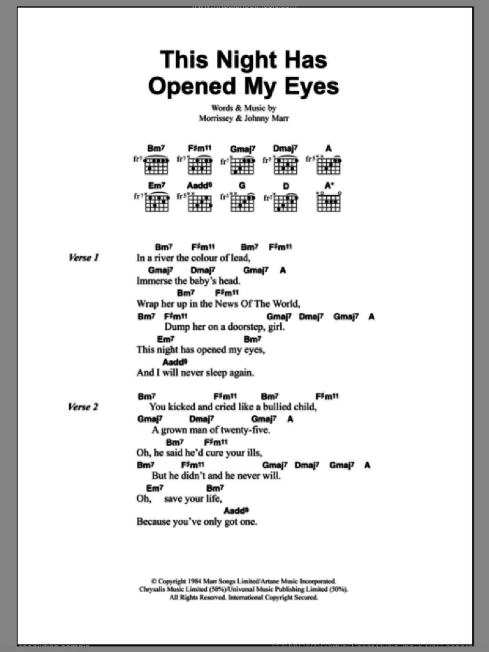 This Night Has Opened My Eyes sheet music for guitar (chords) by The Smiths, Johnny Marr and Steven Morrissey, intermediate skill level