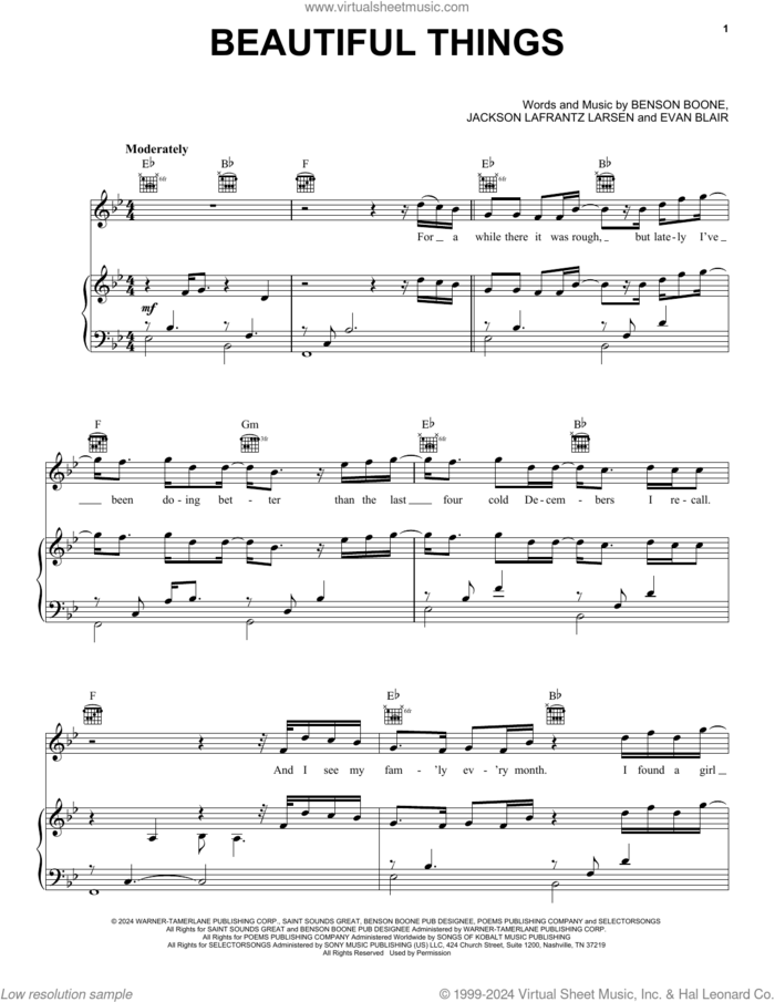 Beautiful Things sheet music for voice, piano or guitar by Benson Boone, Evan Blair and Jackson Lafrantz Larsen, intermediate skill level